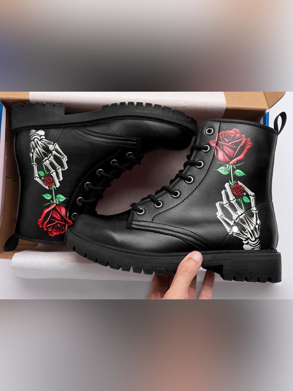 Size 8 Combat Boots with Skull Rose Detail